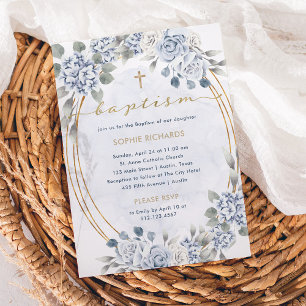 Invitation Dusty Blue et Gold Floral   Baptême élégant