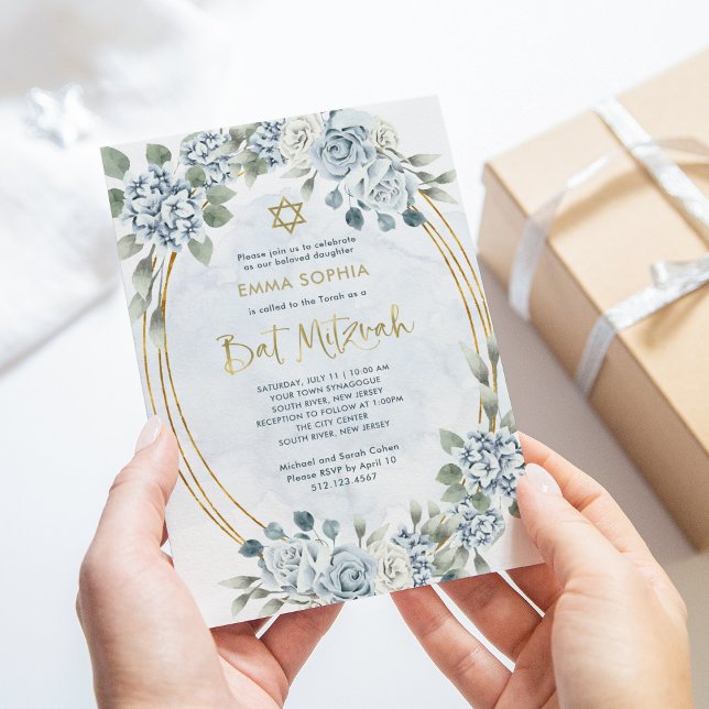 Invitation Dusty Blue et Gold Floral | Bat mitzvah élégant (Créateur téléchargé)