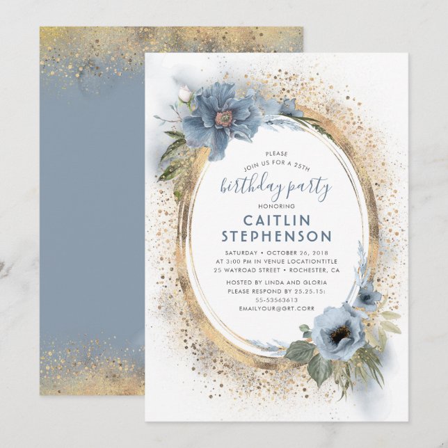 Invitation Dusty Blue et Gold Parties scintillant Floral Anni (Devant / Derrière)
