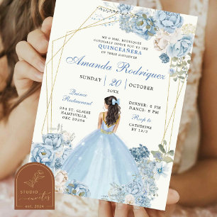 Invitation Dusty Blue et Gold Royal Crown Princesse mexicaine