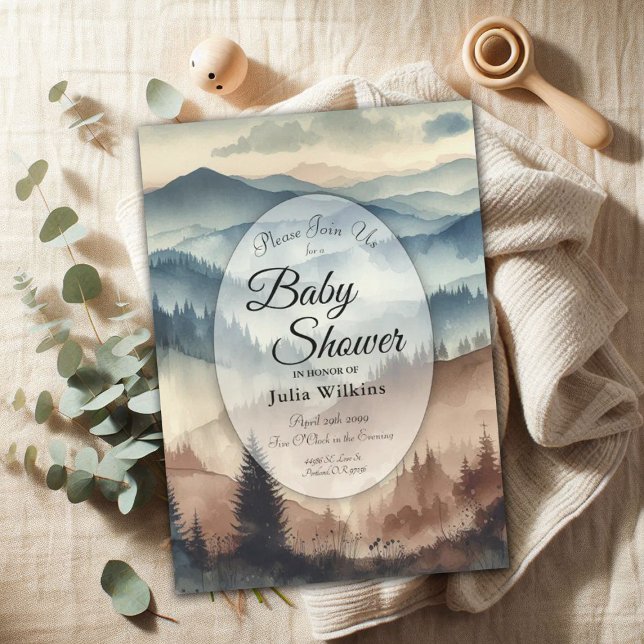 Invitation Dusty Blue et Mocha Brown Mountains Baby shower (Créateur téléchargé)