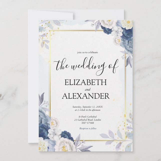 Invitation Dusty Blue et or élégant Floral Rustic Mariage (Devant)