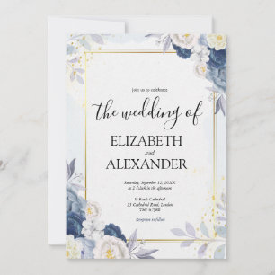 Invitation Dusty Blue et or élégant Floral Rustic Mariage