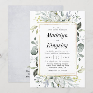 Invitation Dusty Blue et or Elegant Rustic Floral Mariage