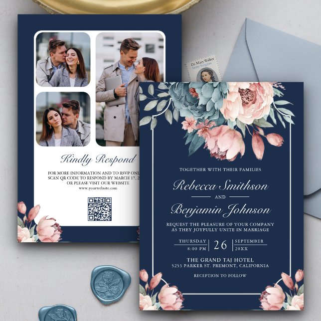 Invitation Dusty Blue et rose Floral Navy QR Code Mariage (Créateur téléchargé)