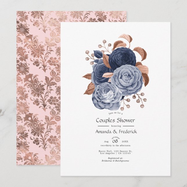Invitation Dusty Blue et Rose Gold Floral Couples Douche (Devant / Derrière)