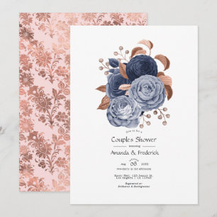 Invitation Dusty Blue et Rose Gold Floral Couples Douche