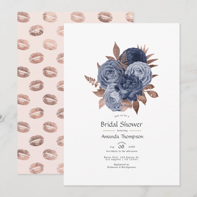 Invitation Dusty Blue et Rose Gold Floral Couples Douche (Devant / Derrière)