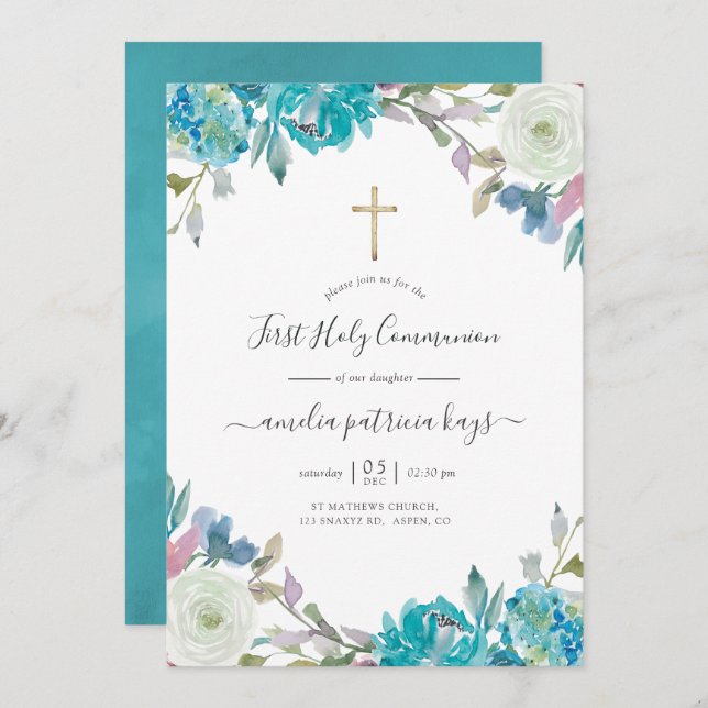 Invitation Dusty Blue et Turquoise Floral Holy Communion Inv (Devant / Derrière)
