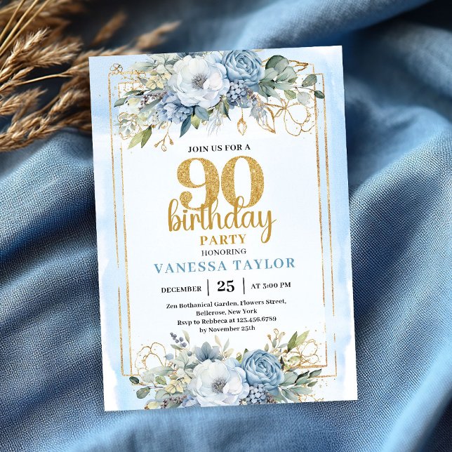 Invitation Dusty Blue Eucalyptus 90th Birthday Elegant Invite (Dusty Blue Eucalyptus 90th Birthday Elegant Invitation Gold Frame)
