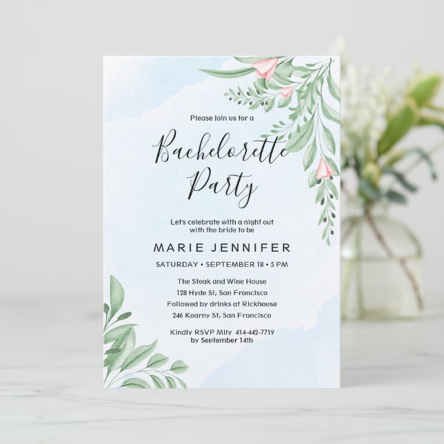 Invitation Dusty Blue Eucalyptus Green Bachelorette Party (Debout devant)