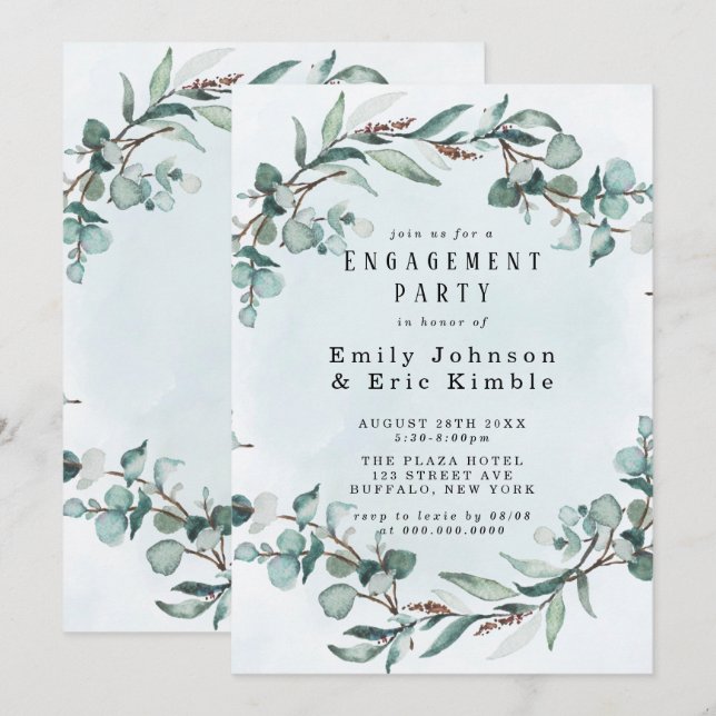 Invitation Dusty Blue Eucalyptus Green Party (Devant / Derrière)
