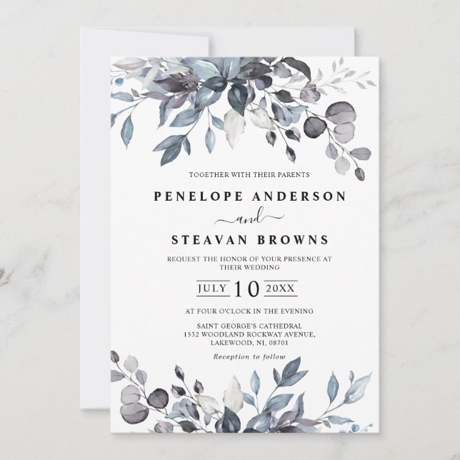 Invitation Dusty Blue Eucalyptus Mariage de verdure (Devant)