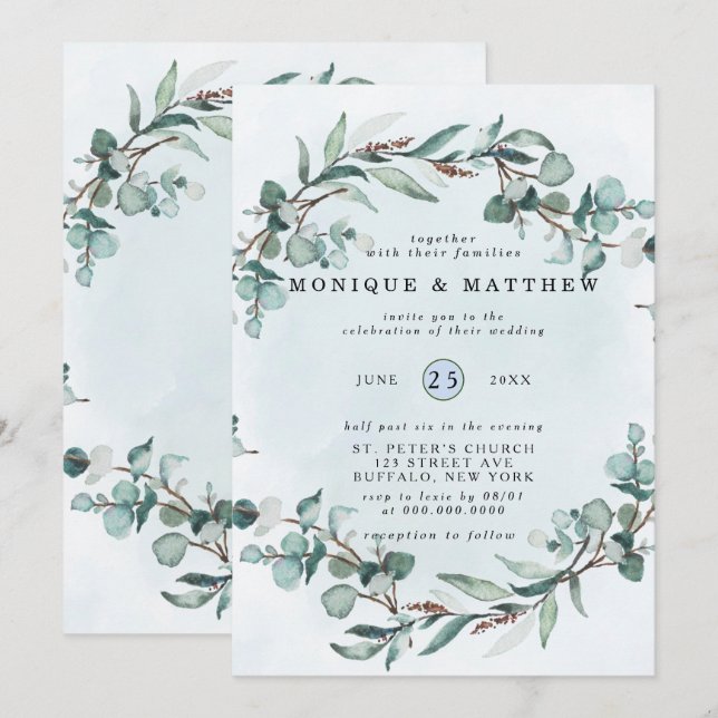 Invitation Dusty Blue Eucalyptus Vert Mariage rustique (Devant / Derrière)