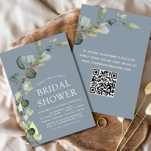 Invitation Dusty Blue Fête des mariées QR Code Eucalyptus