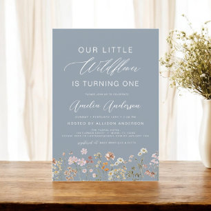 Invitation Dusty Blue Fleur sauvage Boho Premier anniversaire