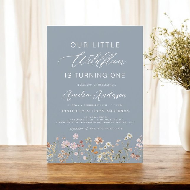 Invitation Dusty Blue Fleur sauvage Boho Premier anniversaire (Créateur téléchargé)