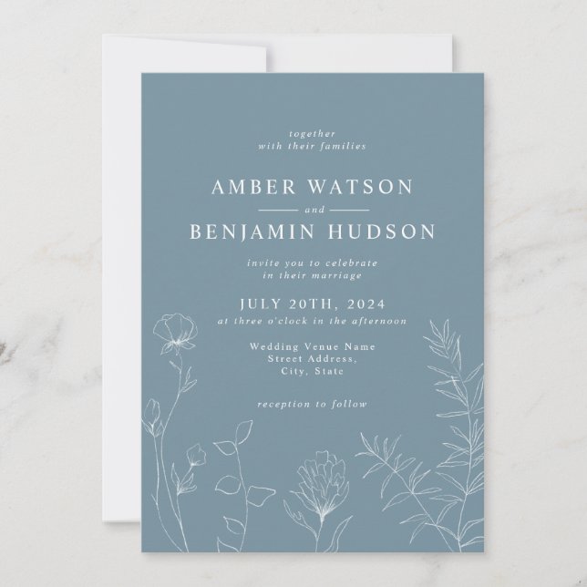 Invitation Dusty Blue Fleur sauvage Floral Mariage (Devant)