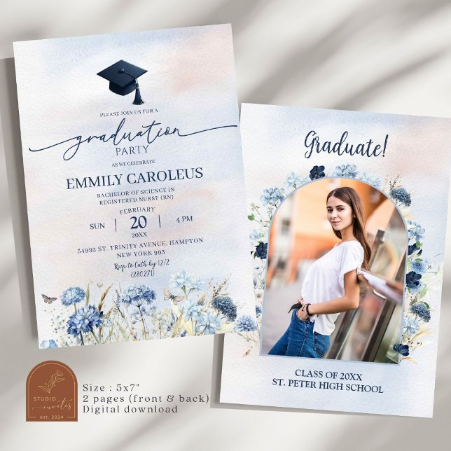 Invitation Dusty Blue Fleur sauvage Graduation Avec Photo (Créateur téléchargé)