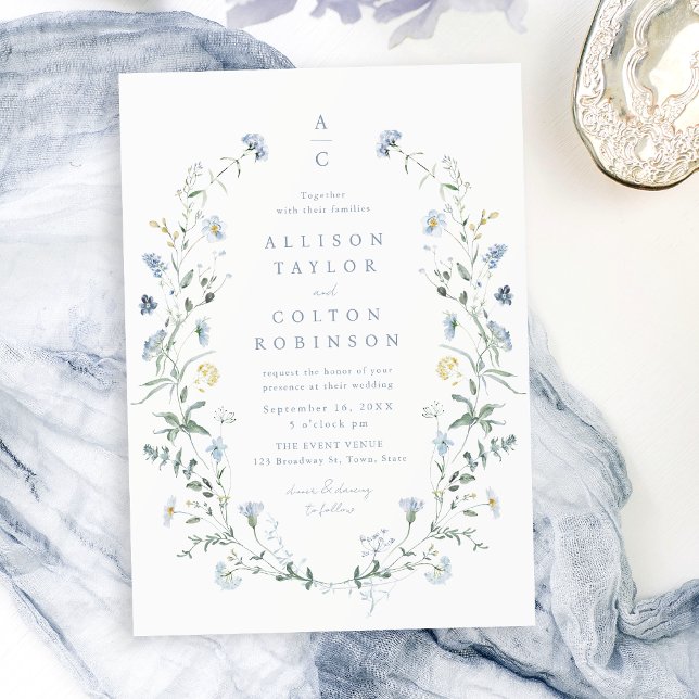 Invitation Dusty Blue Fleur sauvage Rustic Boho Mariage monog (Dusty Blue Wildflower Rustic Boho Wedding monogram Invitation)