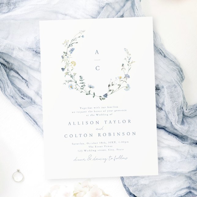Invitation Dusty Blue Fleur sauvage Rustic Boho Mariage monog (Dusty Blue Wildflower Rustic Boho Wedding monogram Invitation)