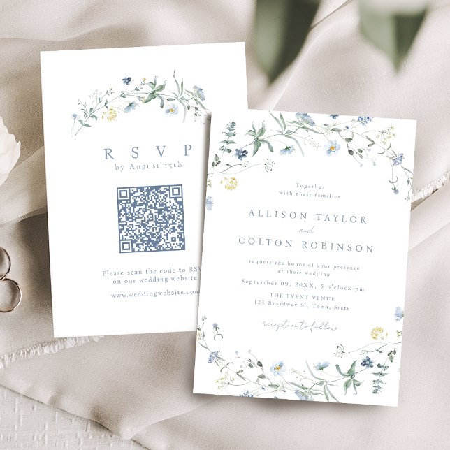 Invitation Dusty Blue Fleur sauvage Rustic Boho Mariage Photo (Dusty Blue Wildflower Rustic Boho Wedding Photo Invitation)