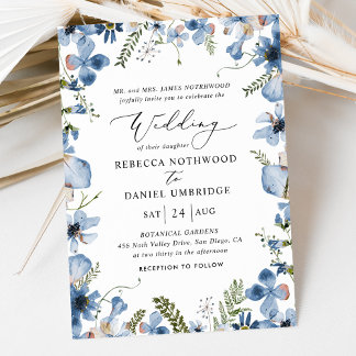 Invitation Dusty Blue Fleurs sauvages mariage élégant