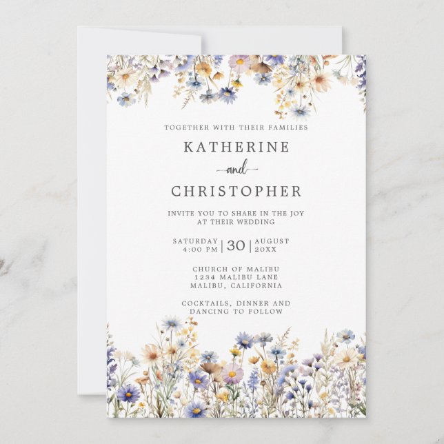 Invitation Dusty Blue Fleurs sauvages Mariage officiel (Devant)