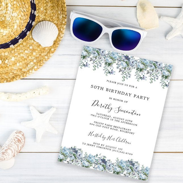 Invitation Dusty Blue Floral 50e anniversaire de fête Invitat (Créateur téléchargé)