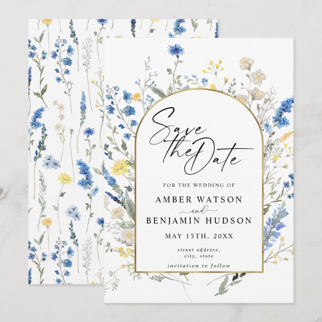 Invitation Dusty Blue Floral Arch Mariage Enregistrer La Date (Devant / Derrière)
