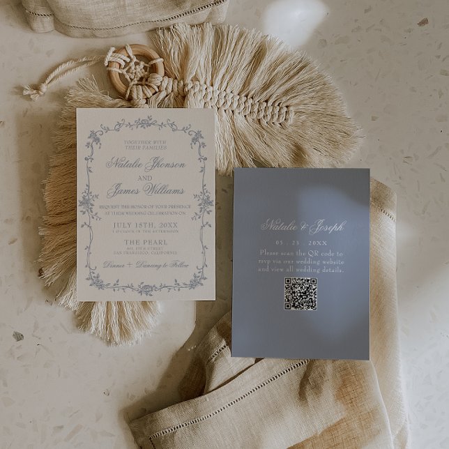 Invitation Dusty Blue Floral Boho Botanical QR Code Wedding (Créateur téléchargé)