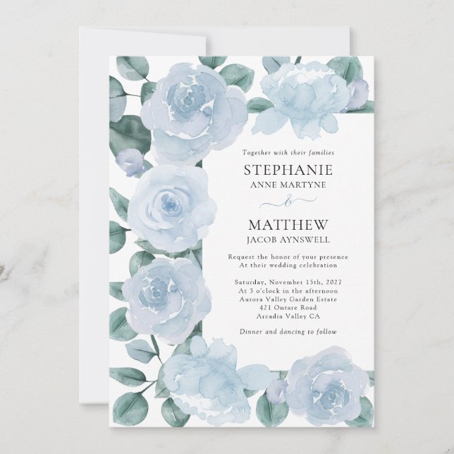 Invitation Dusty Blue Floral Botanique Rose Mariage (Devant)