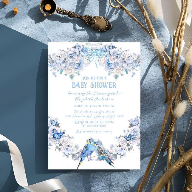 Invitation Dusty Blue Floral Bow Baby shower Whimsical (Créateur téléchargé)