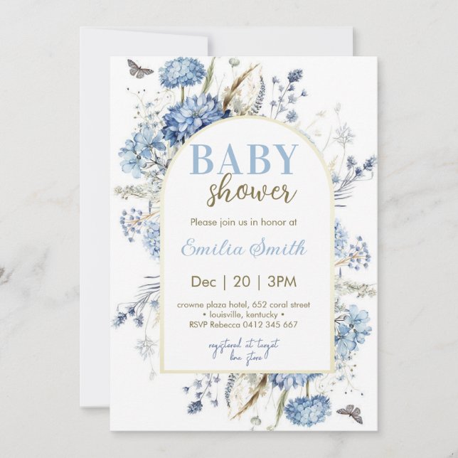 Invitation Dusty Blue Floral Boy Baby shower (Devant)