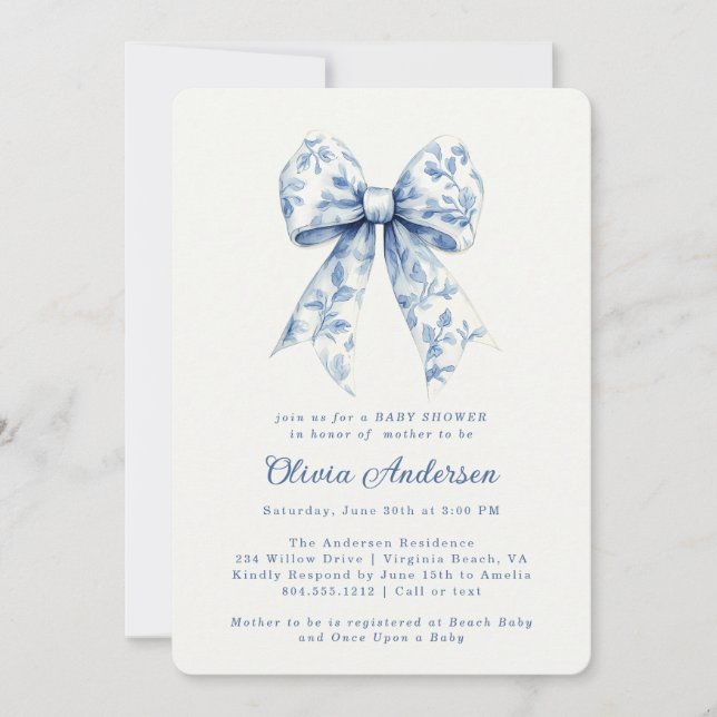 Invitation Dusty Blue Floral Chinoiserie Bow Baby shower (Devant)