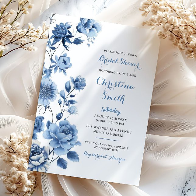 Invitation Dusty Blue Floral Chinoiserie Fête des mariées (Créateur téléchargé)