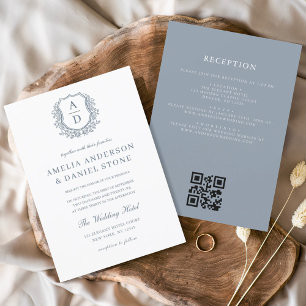 Invitation Dusty Blue Floral Crest Monogramme Mariage QR Code