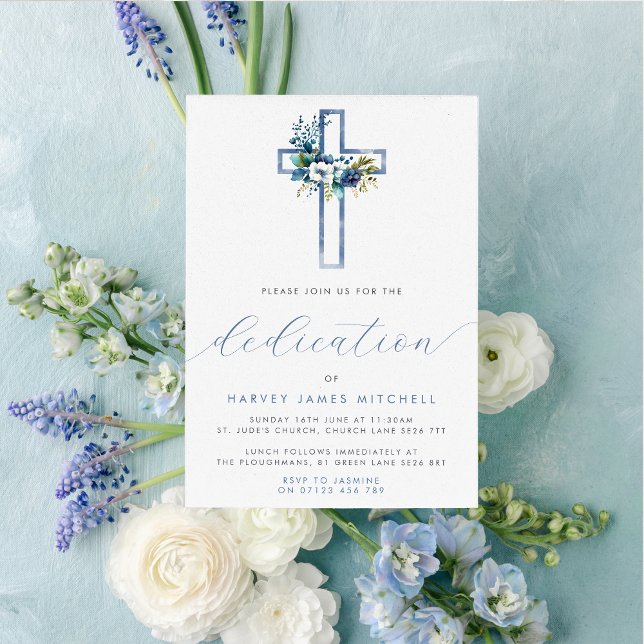 Invitation Dusty Blue Floral Cross Dédication bébé (Créateur téléchargé)