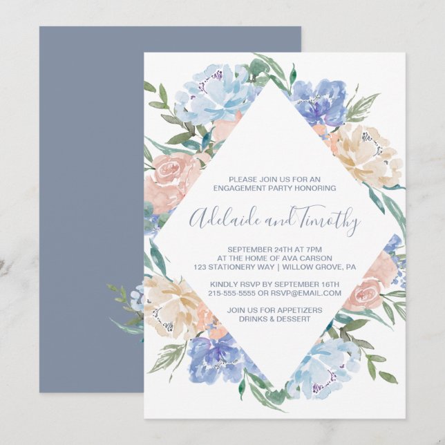 Invitation Dusty Blue Floral Diamond (Devant / Derrière)
