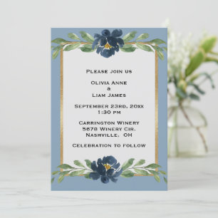 Invitation Dusty Blue Floral Élégant Mariage Floral Or