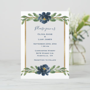 Invitation Dusty Blue Floral Élégant Mariage or