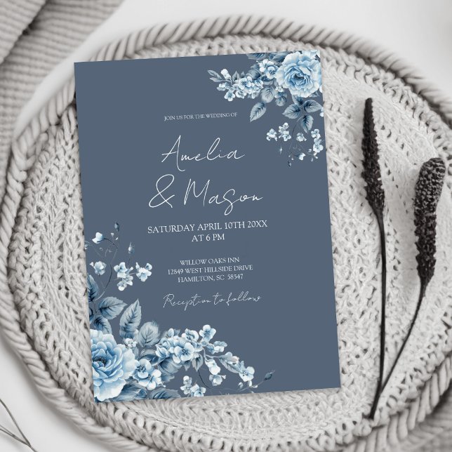 Invitation Dusty Blue Floral Elegant Script Wedding  (Dusty Blue Floral Elegant Script Wedding Invitation)