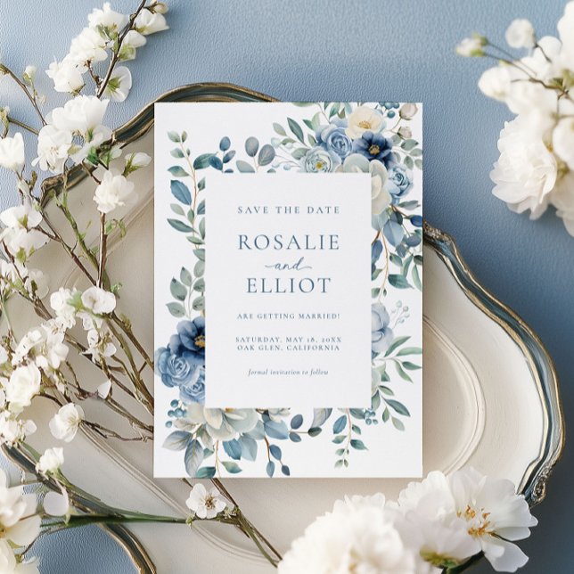 Invitation Dusty Blue Floral Enregistrer La Date Boho Enregis (Créateur téléchargé)