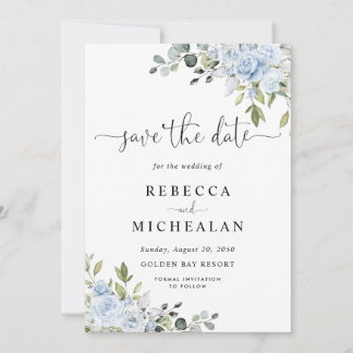 Invitation Dusty Blue Floral Eucalyptus Wedding Save The Date
