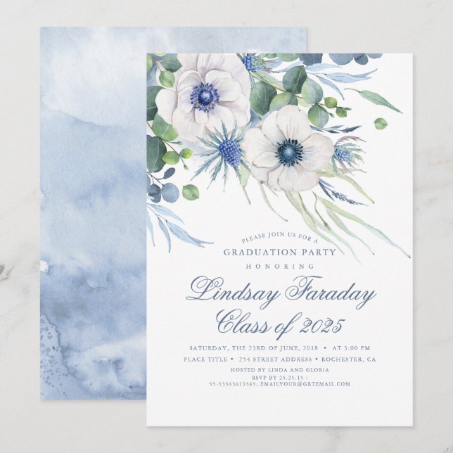Invitation Dusty Blue Floral Green Élégante Graduation (Devant / Derrière)