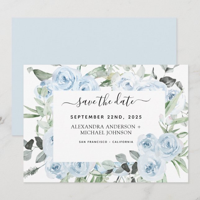 Invitation Dusty Blue Floral Green Enregistrer la date (Devant / Derrière)
