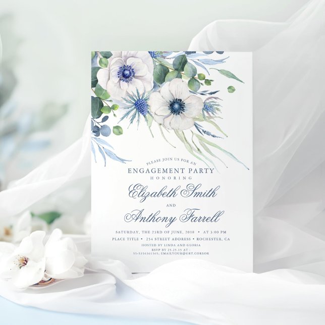 Invitation Dusty Blue Floral Green Party (Dusty Blue Greenery Engagement Party Invitations)