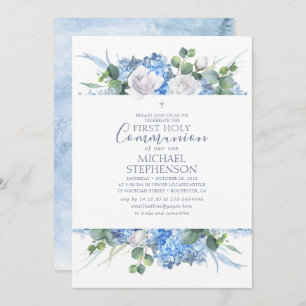 Invitation Dusty Blue Floral Greenery Moderne Sainte COMMUNAU