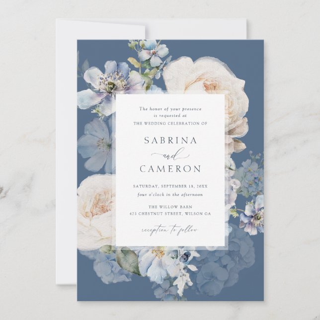 Invitation Dusty Blue Floral Hydrangea Rose Mariage (Devant)