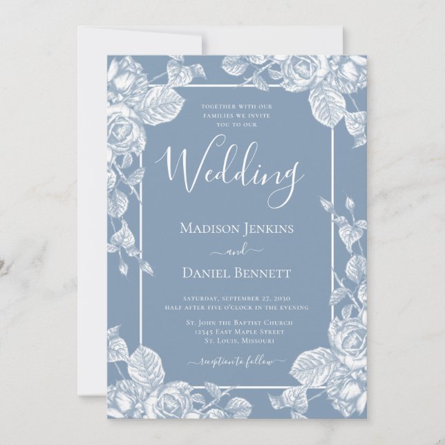 Invitation Dusty Blue Floral Mariage (Devant)